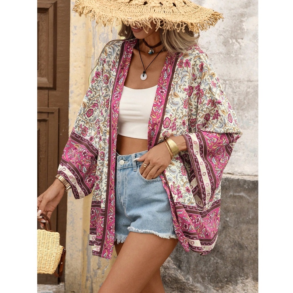 Floral Boho Kimono Style Open Coverup Batwing Sleeve